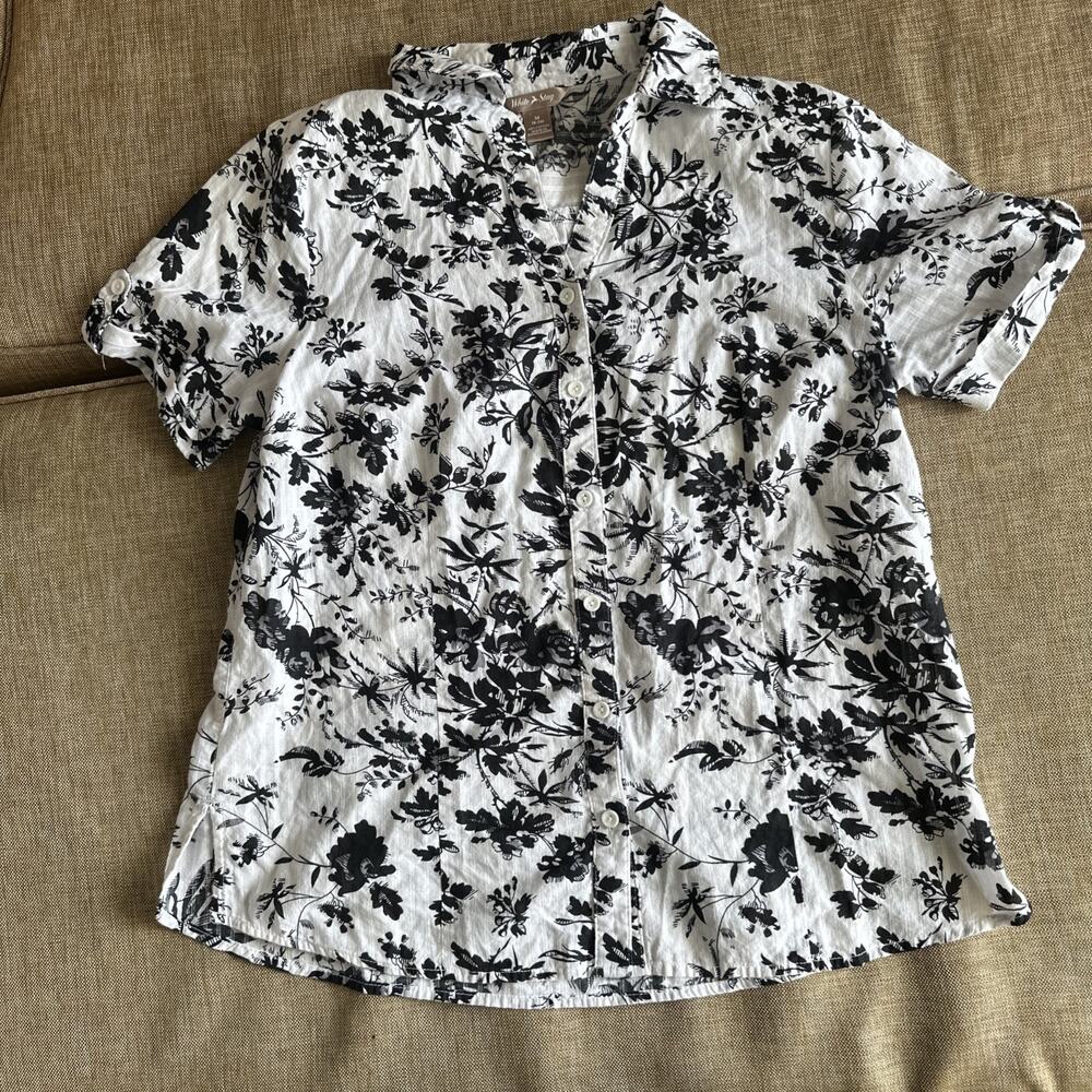 Women's White Black Garden Roses Top Blouse 100% Cotton Button Up Cottage Size M